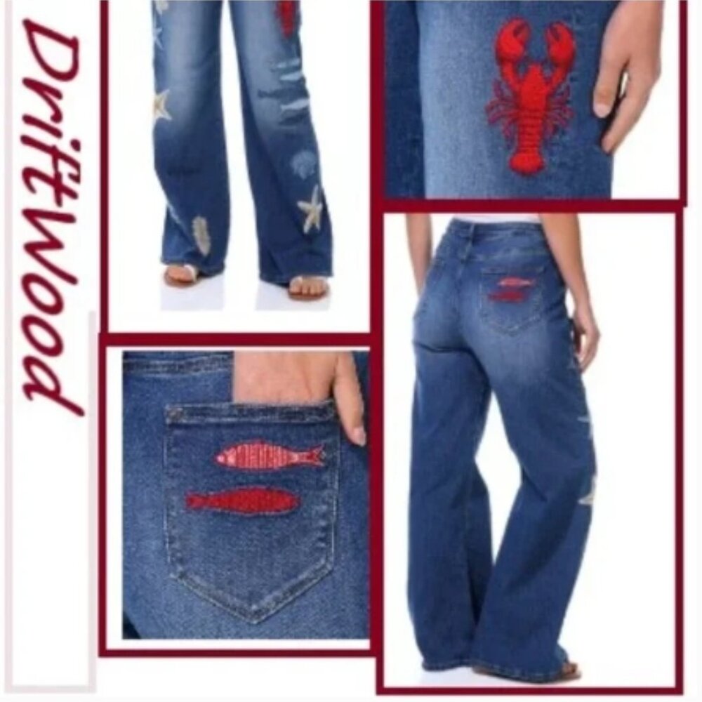 Driftwood Charlee x Seaside Embroidered Ocean Accent Wide Leg Jeans🆕📦🏃‍♀️💨🚚